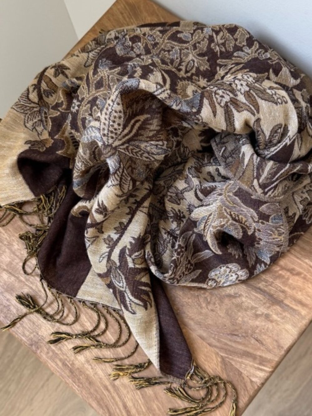 VINTAGE Intricate Floral Jacquard Pashmina Silk Blend Fringe Scarf Wrap Brown